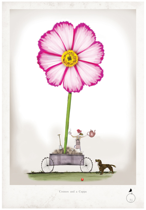 A Cosmos and a Cuppa - Whimsical Fun Gardening Print by Tony Fernandes