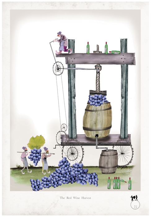 Red Wine Harvest - whimsical fun red wine lovers print by Tony Fernandes