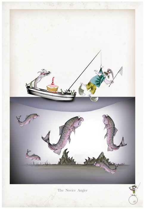 The Novice Angler - Funny Fishing Cartoon Art Print by Tony Fernandes