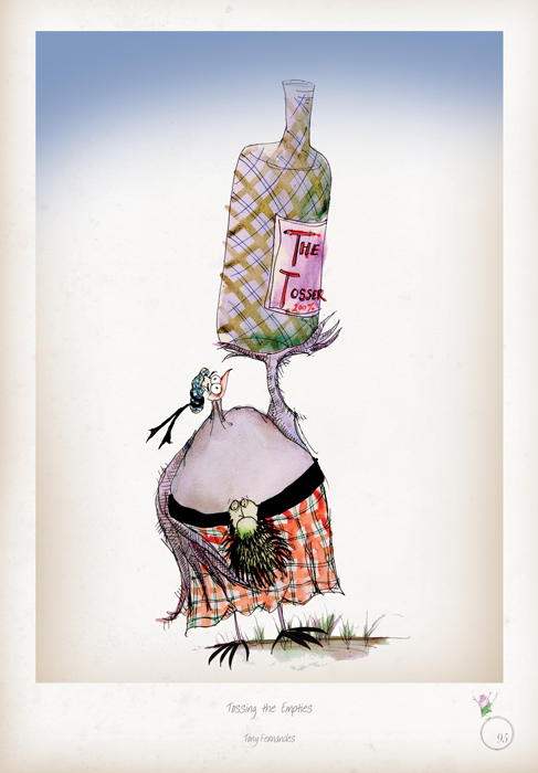 Tossing the Empties - Fun Scottish Highland Cartoon Art Print by Tony Fernandes 